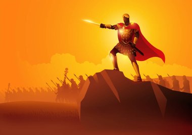 Vector illustration of Julius Caesar leads his Rome legionaries, conqueror, ancient army, leadership
