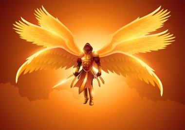 Fantasy art illustration of the Archangel with six wings holding a sword