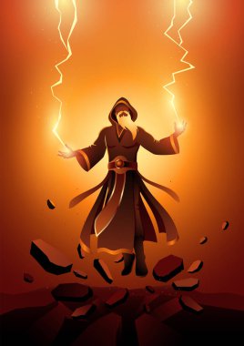 Wizard casts enchanted powerful spell, vector illustration
