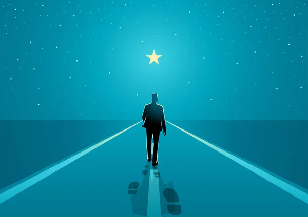 Man Walks Boundless Road Bright Star Success Journey Long Journey — Vector de stock