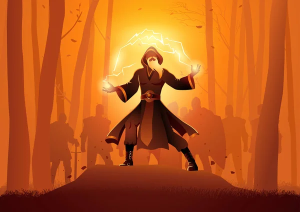 Wizard Casts Enchanted Powerful Spell Woods Knights Him Vector Illustration — Stockvector