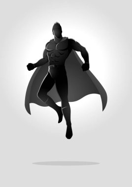 Black and white illustration of a superhero in flying pose