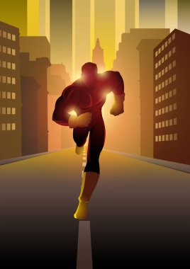 Vector illustration of a superhero running on city street