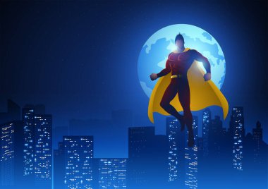 Superhero flying on beautiful cityscape during full moon, vector illustration