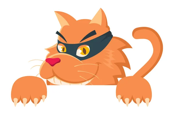 Funny Cartoon Cat Wears Mask Peeking Wall Vector Illustration — Vetor de Stock