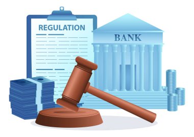 Gavel justice hammer with bank, money and regulation document