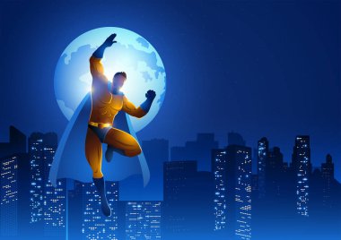 Superhero flying on beautiful cityscape during full moon, vector illustration
