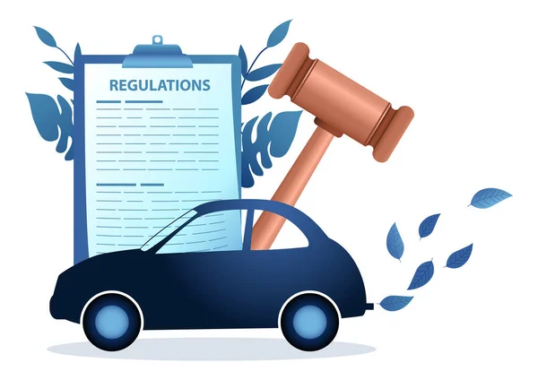 Αυτοκίνητο Που Παράγεται Καθαρές Εκπομπές Gavel Δικαιοσύνη Και Κανονισμούς Έγγραφο — Διανυσματικό Αρχείο