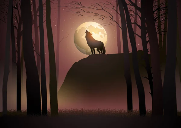 Wolf Howling Full Moon Vector Illustration — Stockový vektor
