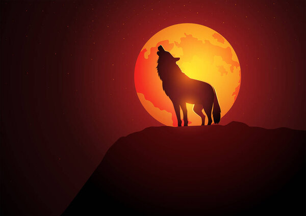 Вой волка в полнолуние, векторная иллюстрация