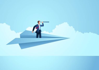Business concept of businessman using telescope on paper plane, opportunity, vision in business
