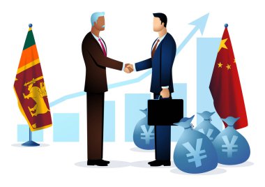 Two people shaking hands with Sri Lanka and Chinese flag, yuan currency symbol on money bags and bar chart as the background, chinese investors, Sri Lanka Debt to China, vector illustration