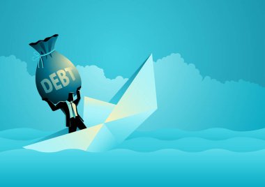 Businessman carrying a heavy debt caused the paper ship he was on to sink, vector illustration
