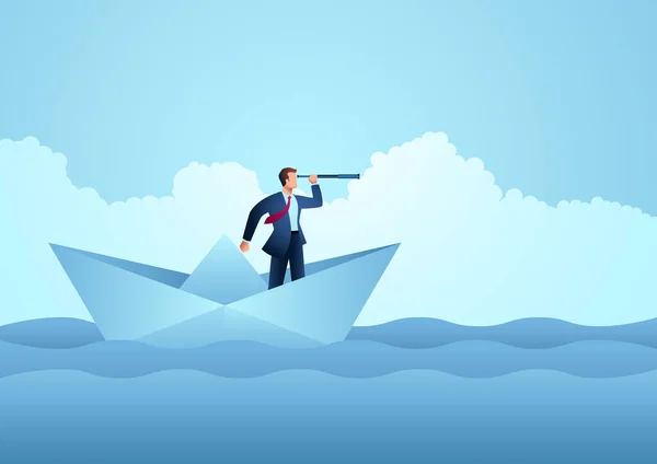 Business Concept Businessman Using Telescope Paper Boat Vector Illustration — Vetor de Stock