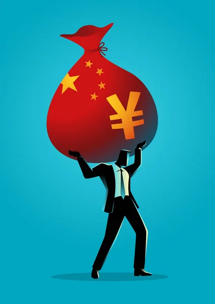 Business concept of businessman holding a big money bag with China flag and yuan symbol, debt burden vector illustration