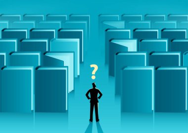 Businessman are standing and looking at the large books that are neatly lined up, vector illustration