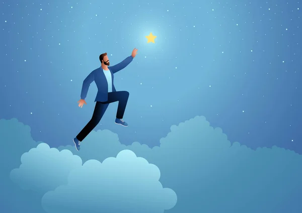 Man Jumps Reach Out Star Aspiration Motivation Determination Business Concept — Stockvector