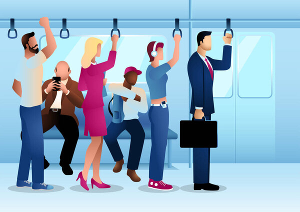 People standing and sitting in the train, public transportation, rush hour, vector illustration