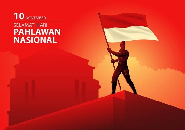 Индонезийский Национальный Герой Держит Флаг Индонезии Крыше Здания Смысл Копирования — стоковый вектор