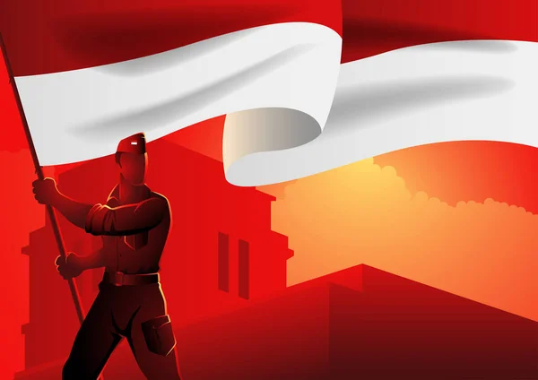 Indonesische Nationale Held Die Vlag Van Indonesië Vasthoudt Onafhankelijkheidsdag Indonesische — Stockvector