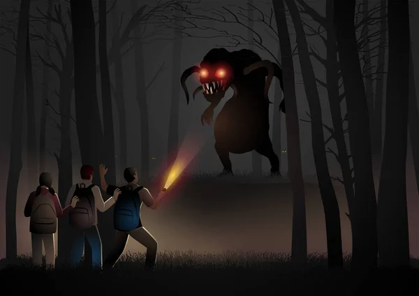 Barn Äventyr Djungeln Och Hitta Ett Skrämmande Monster Halloween Tema — Stock vektor