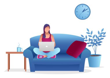 Dizüstü bilgisayarlı, serbest çalışan, internetten eğitim gören genç bir kadın, vektör çizimi.