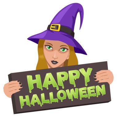 Elinde Mutlu Cadılar Bayramı tahtası, Cadılar Bayramı, vektör illüstrasyonunun olduğu basit düz çizgi film çizimi.