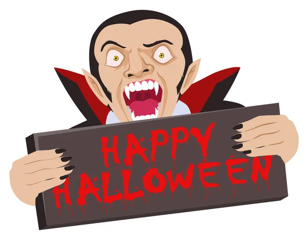 Einfache Flache Cartoon Illustration Von Dracula Mit Happy Halloween Brett — Stockvektor