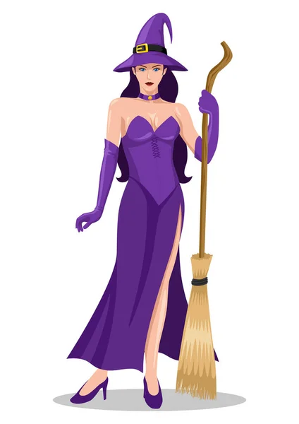 Simple Flat Vector Illustration Beautiful Witch Purple Dress — Stock Vector