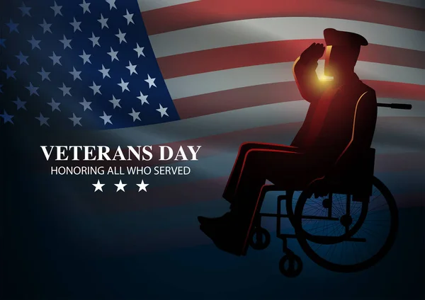 車椅子で座っている障害者の兵士アメリカ国旗の背景 ベクトルイラスト — ストックベクタ