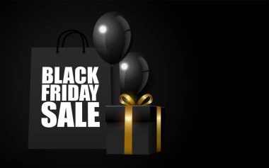 Kara Cuma indirimi, siyah hediye kutusu ve balonlu Noel temalı alışveriş çantası.