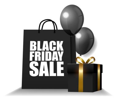 Kara Cuma indirimi, siyah hediye kutusu ve beyaz balonlarla dolu alışveriş çantası, Yeni Yıl ve Noel teması