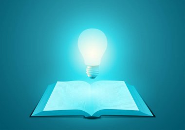 Üzerinde ampul olan açık bir kitap, bilgi, fikir, akıllı kavram, vektör illüstrasyonu