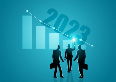 Business growth to slow through 2023, businessman with torch leading other businessmen behind him into the year 2023 clipart