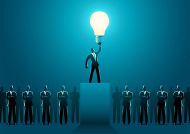 İş adamı diğer iş adamlarını sahnede ampulle aydınlatıyor, liderlik konsepti.