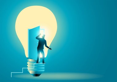 Merdivenlerdeki işadamı ampulü, yaratıcılığı, fikirleri, hayal gücünü, ilham konseptini gözetliyor.