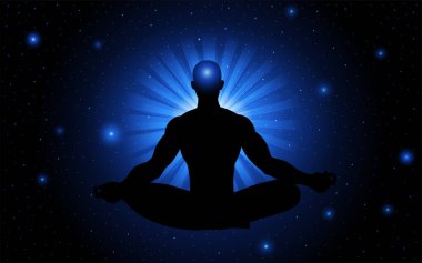 Uzayda meditasyon yapan, aydınlanan, olumlu düşüncelere sahip bir adamın silüeti.