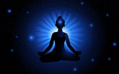 Uzayda meditasyon yapan, aydınlanan, olumlu düşünceler besleyen bir kadın figürünün silüeti.
