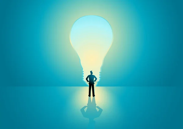 Homme Debout Devant Porte Forme Ampoule Opportunité Innovation Concept Créativité — Image vectorielle
