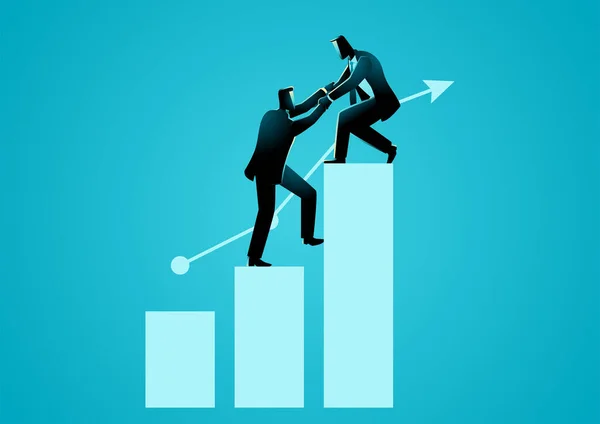 Businessman Helping His Friend Climbing Higher Chart Teamwork Success Coaching — Stock Vector