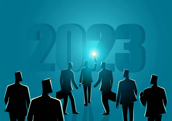 Бізнесмен Факелом Який Веде Інших Бізнесменів Позаду Нього 2023 Році — стоковий вектор
