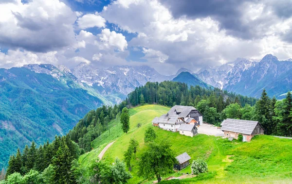 Montanha Paisagem Alpes Eslovénia Com Fazenda Lado Logarska Dolina Foto — Fotografia de Stock