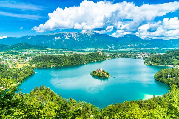 Vista Lago Bled Montanhas Karavanke Atrás Gorenjska Eslovênia Foto Alta — Fotografia de Stock