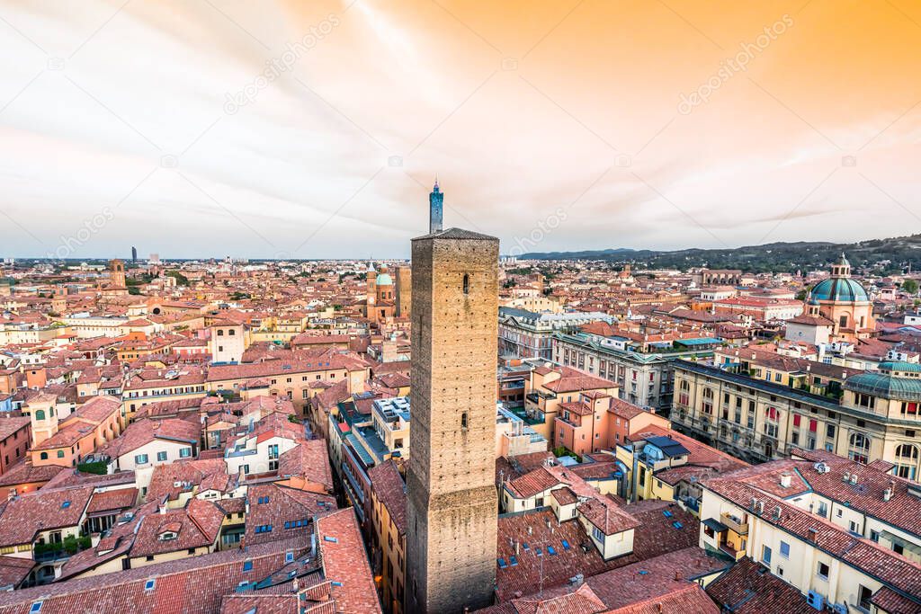 Aerial view of Bologna Cathedral and towers above of the roofs of Old Town in medieval city Bologna. High quality photo