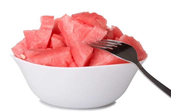 Watermelon pieces in bowl with fork — Stock Photo, Image