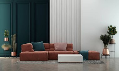 Modern konforlu ev ve dekorasyon ve oturma odası iç tasarımı ve boş mavi duvar desenli arka plan
