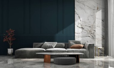 Modern konforlu ev ve dekorasyon ve oturma odası iç tasarımı ve boş mavi desenli duvar arka planı