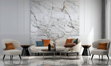 Modern konforlu ev ve dekorasyon ve oturma odası iç tasarımı ve boş mavi desenli duvar arka planı