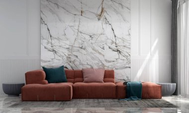Modern lüks ev ve dekorasyon ve oturma odası iç tasarım ve beyaz mermer desenli duvar arka planı