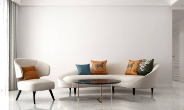 Modern ev ve dekorasyon ve oturma odası iç tasarım ve beyaz duvar arka planı